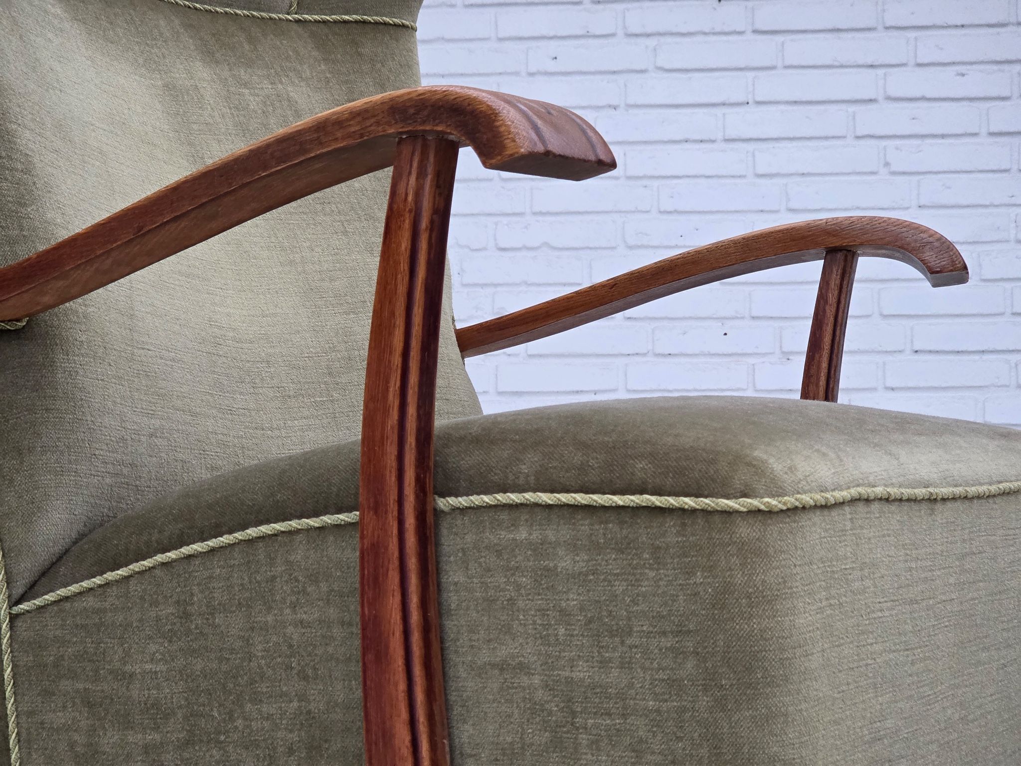 1960s, Danish highback armchair, furniture velour, oak wood.