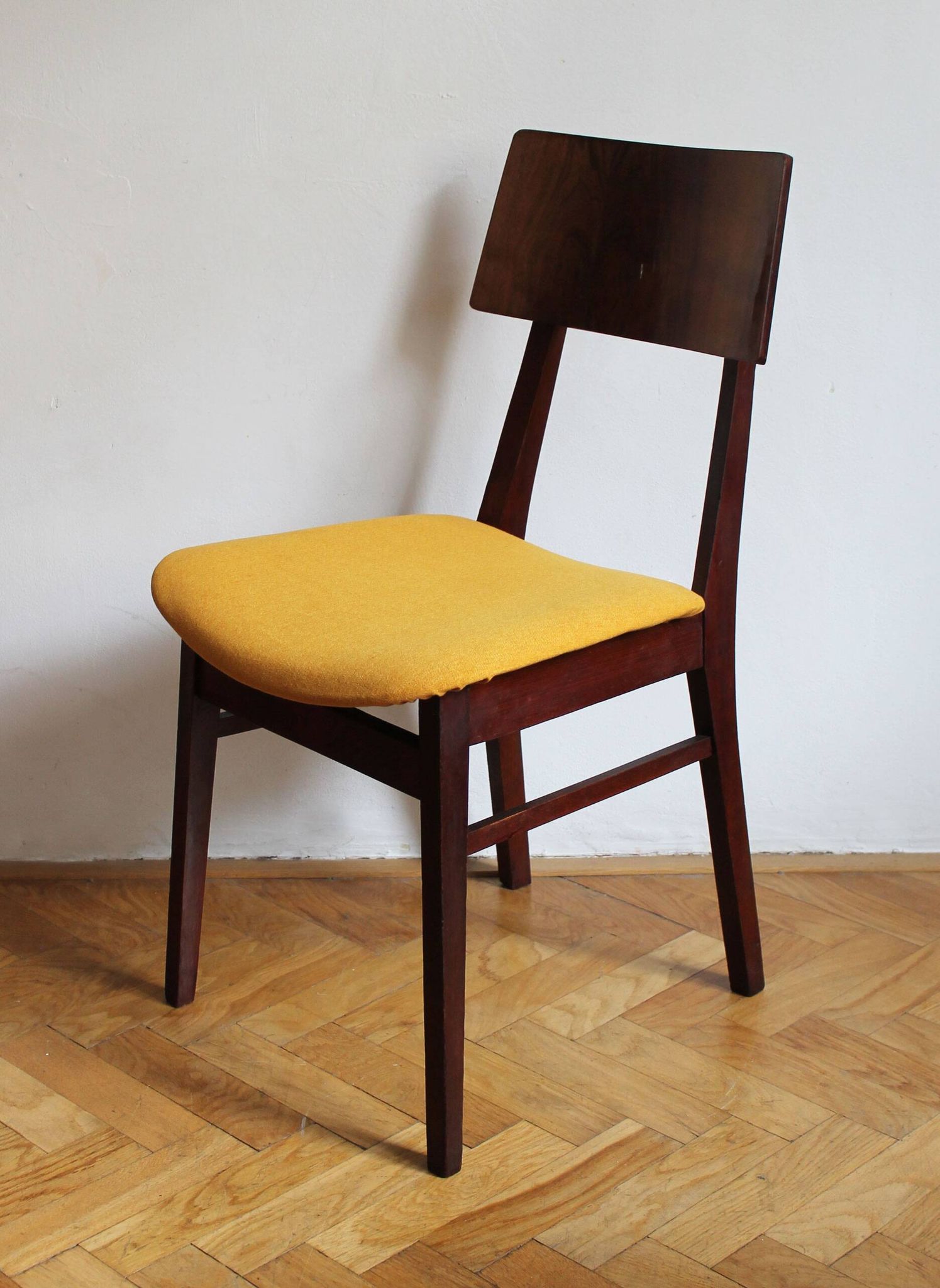 Vintage dining chair from the 1960s, Scandinavian style, wood and fabric.