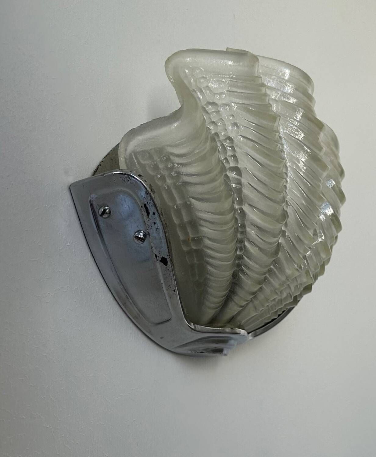 Vintage chrome and sandblasted glass shell wall lamp, France 1960