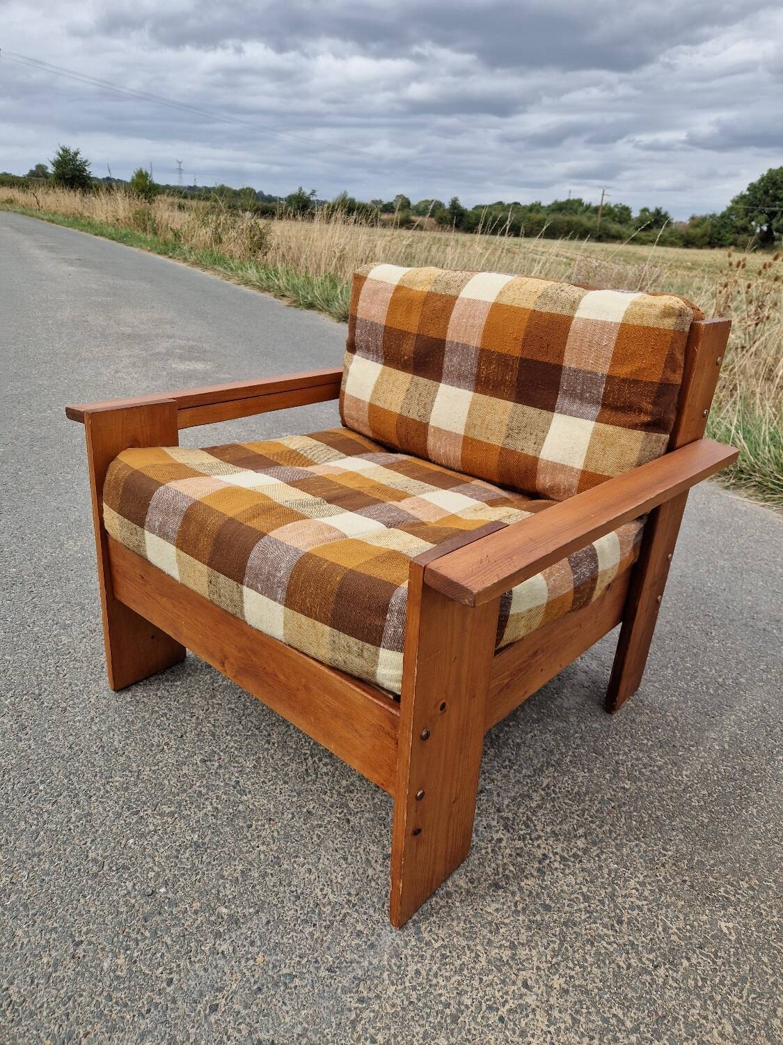 Pair of brutalist pine armchairs circa 1960