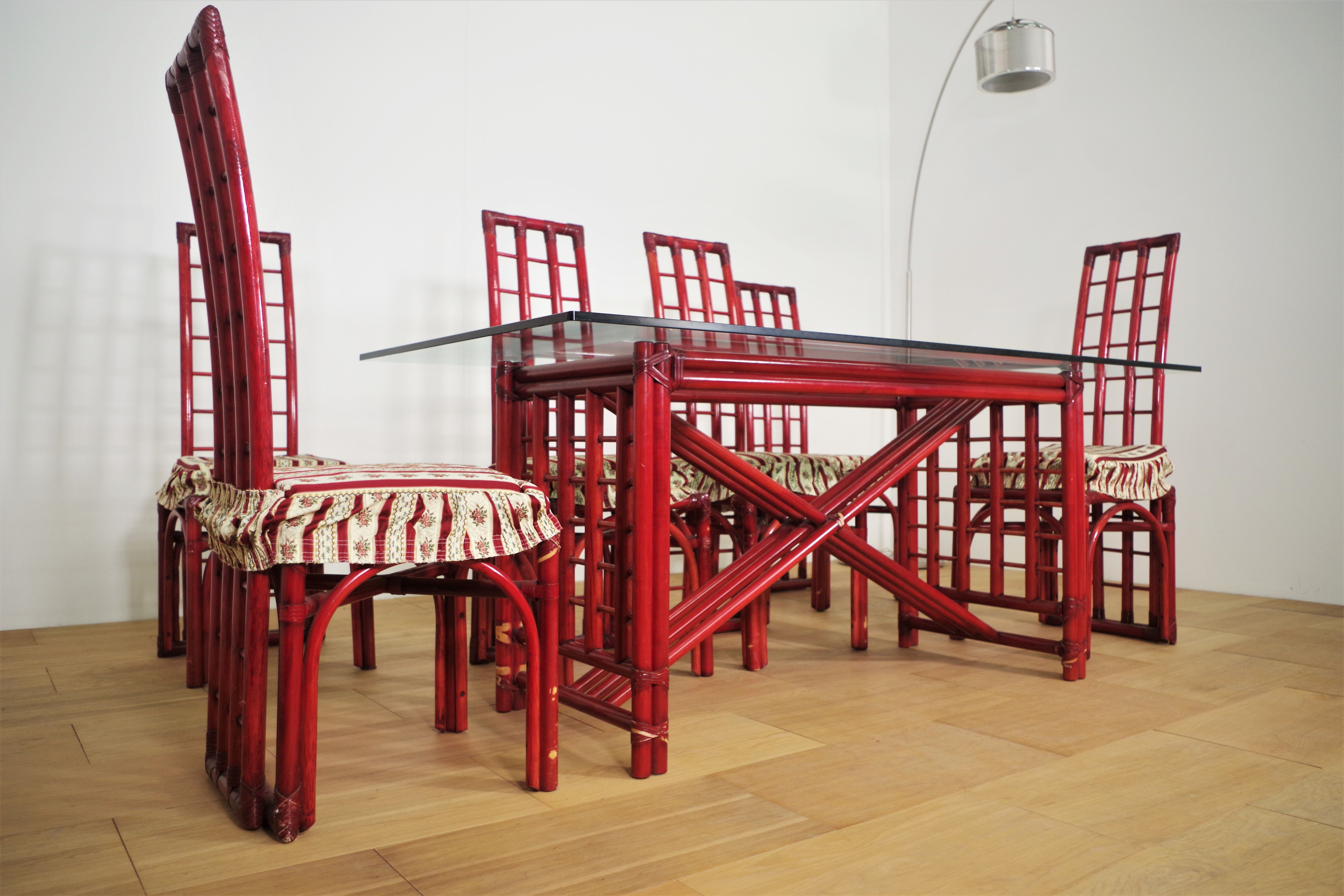 Red bamboo table by Arturo Pozzoli, 1980s, set of 7