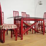 Red bamboo table by Arturo Pozzoli, 1980s, set of 7