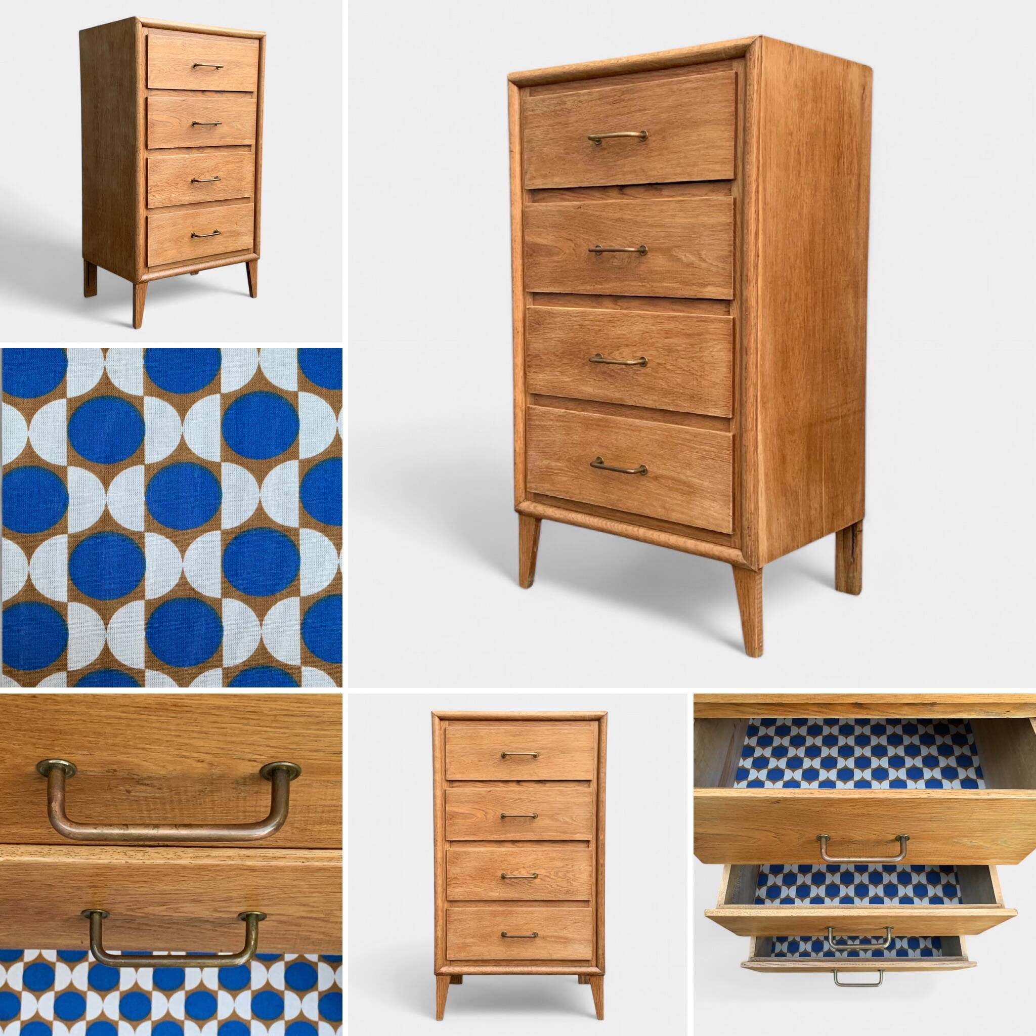 Chest of drawers with compass feet, raw wood, 1950s