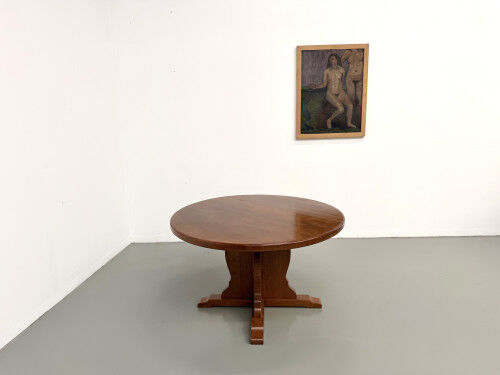 Brutalist round table in solid oak, 1960s.