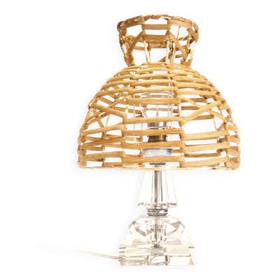 Lampe pied cristal et abat jour rotin