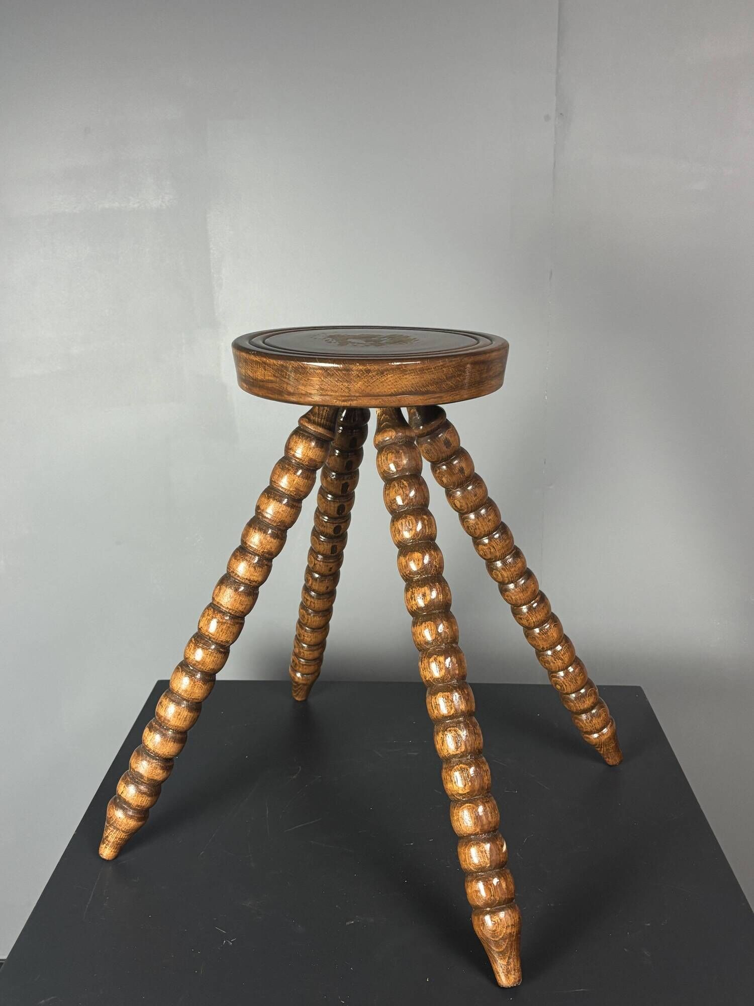 Midcentury bobbin wood turned farm house stool, France ca 1960s