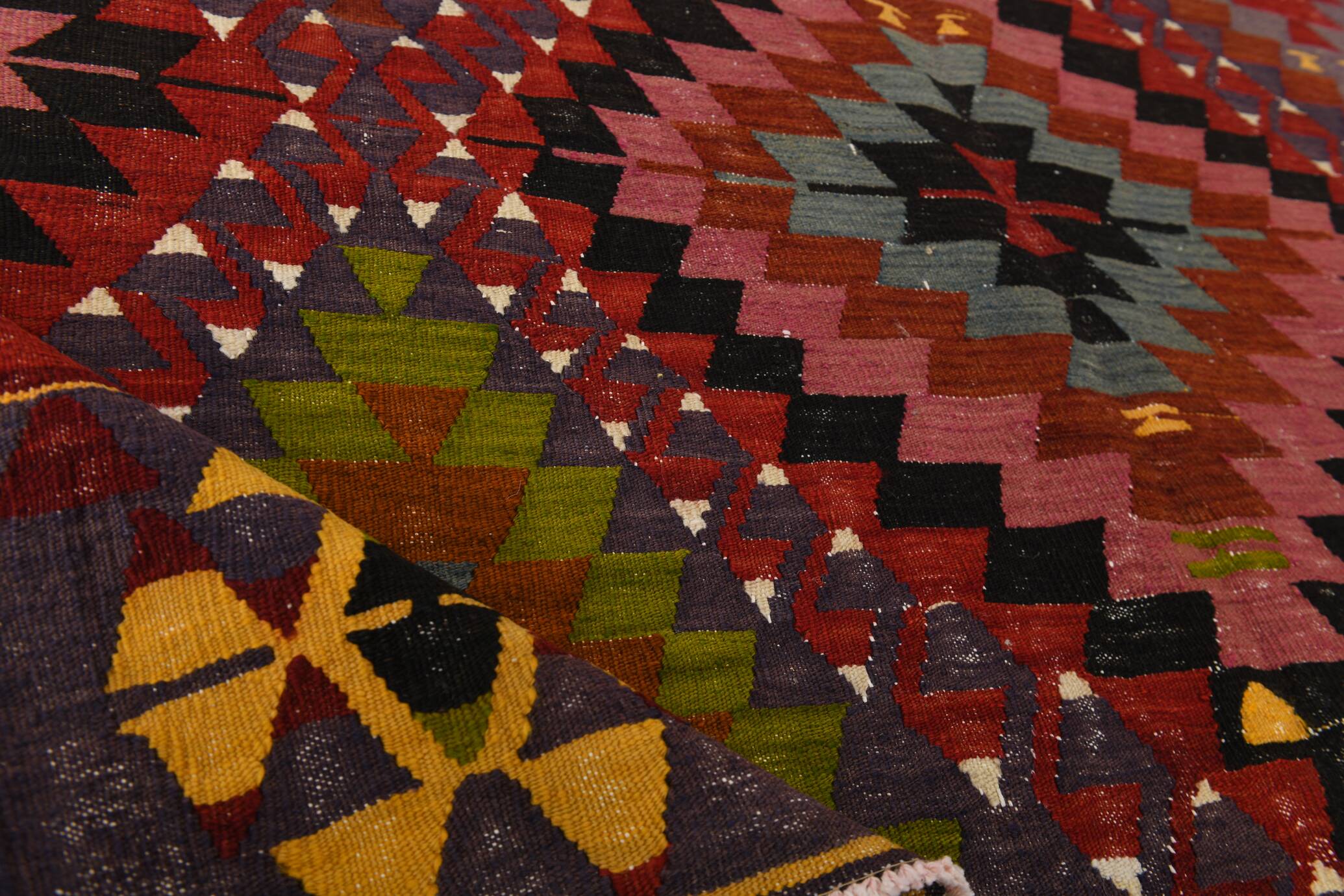 Geometric Pattern Burgundy  Turkish Vintage Kilim Rug, 188x338 Cm