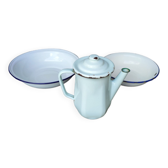 Lot of old white enamelled basins and pitchers