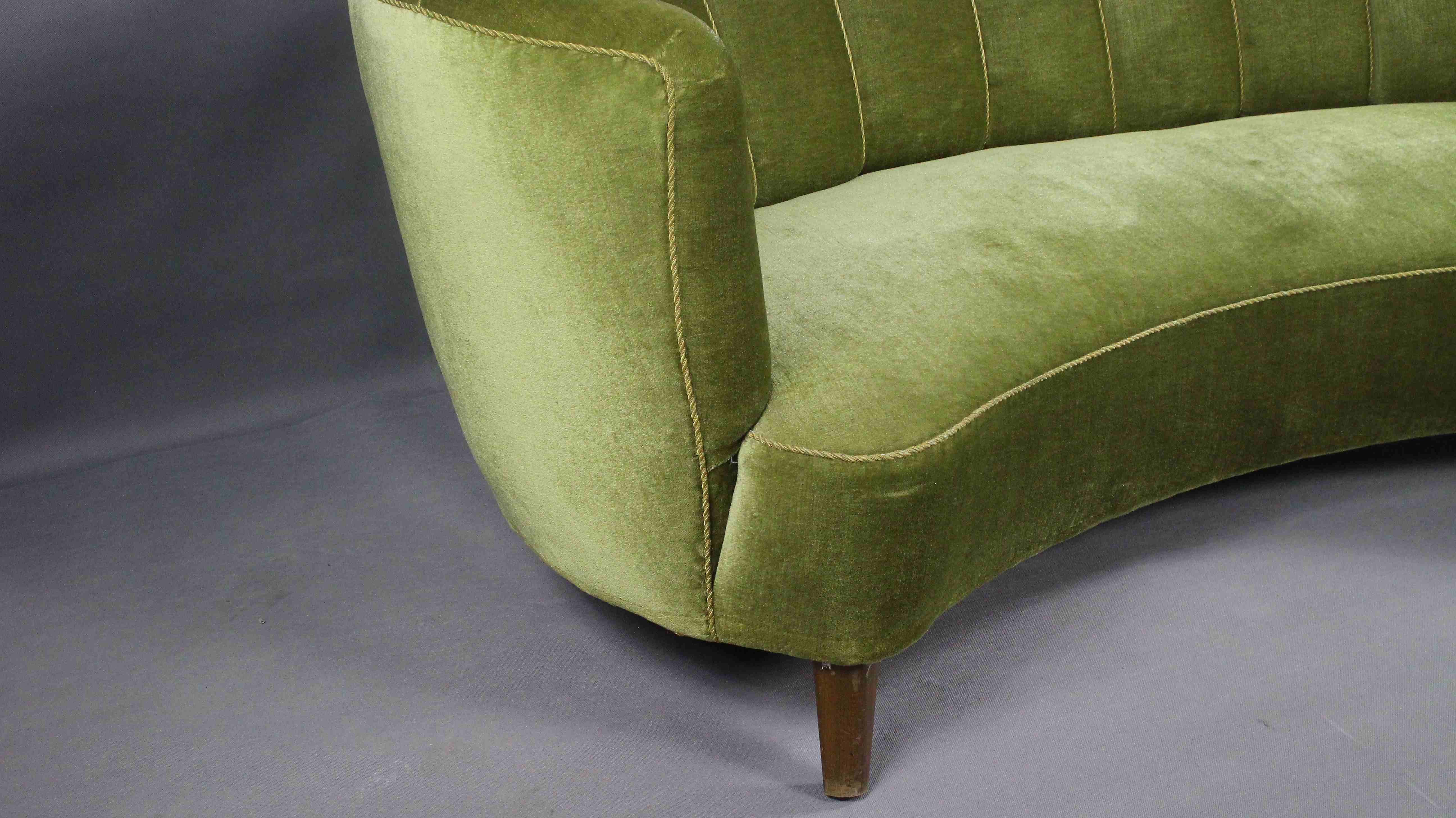 Danish curved velvet banana sofa, 1950