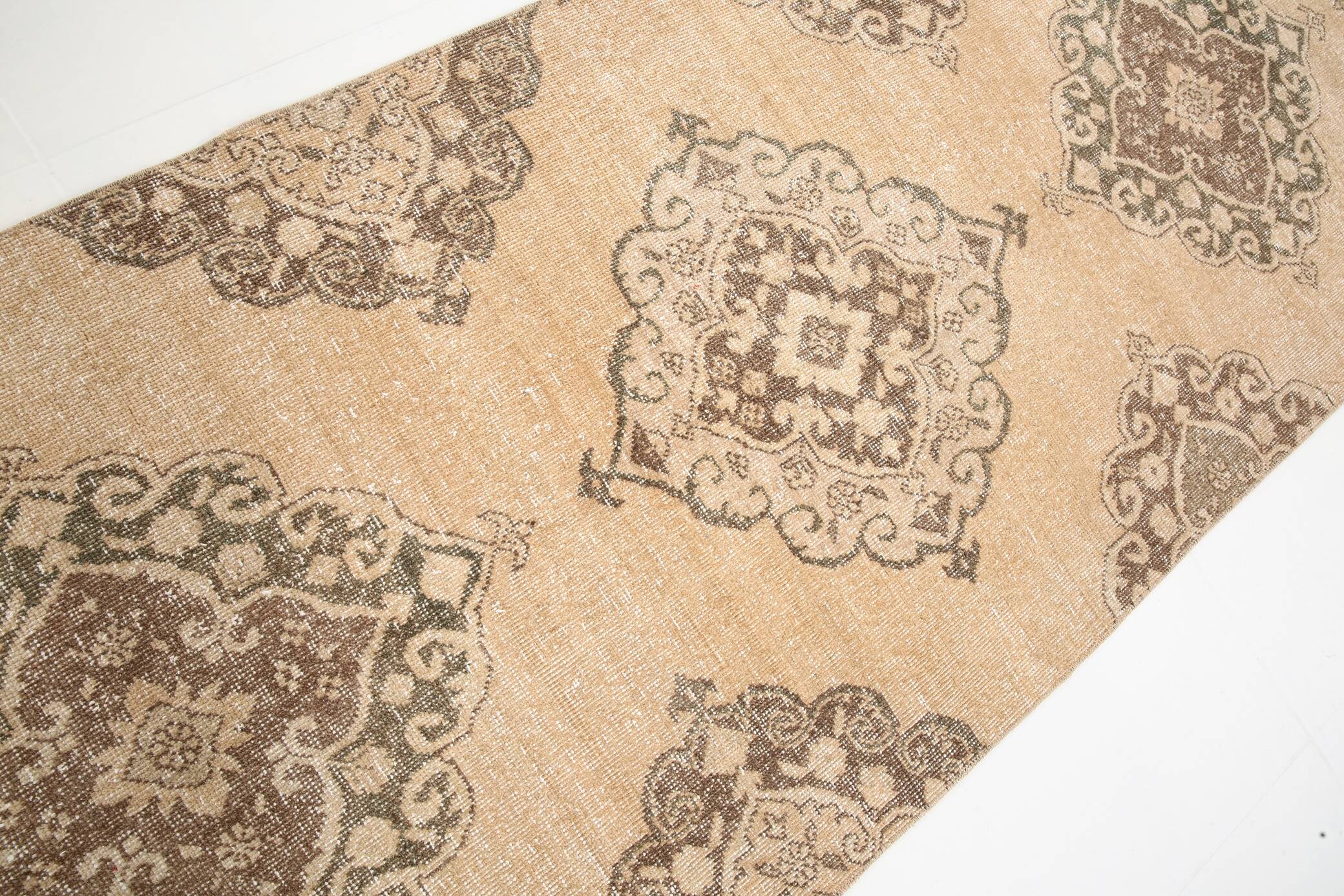 3x13 Beige & Brown Geometric Vintage Runner Rug, Long Runner Rug,