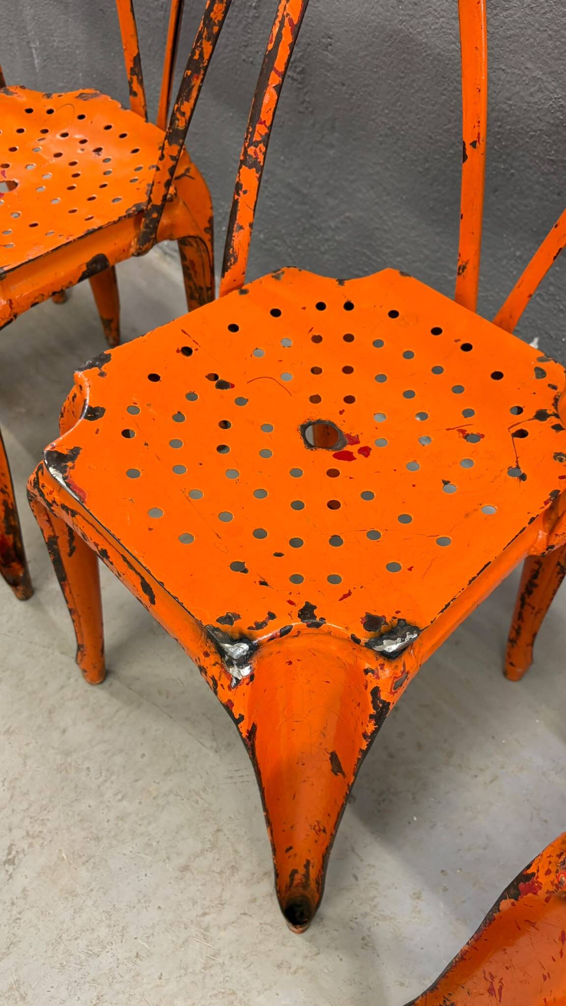 Set of four industrial metal dining chairs by Joseph Mathieu, painted steel, 1920s, France