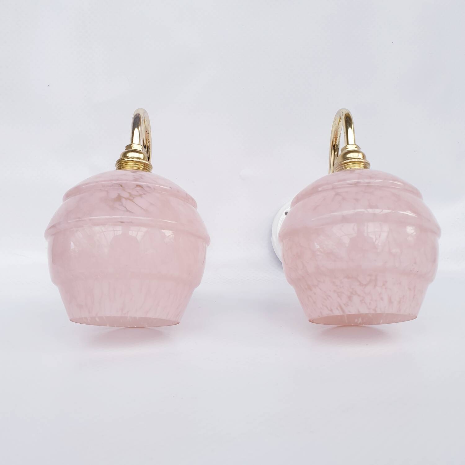 pair of vintage speckled pink and brass wall lights