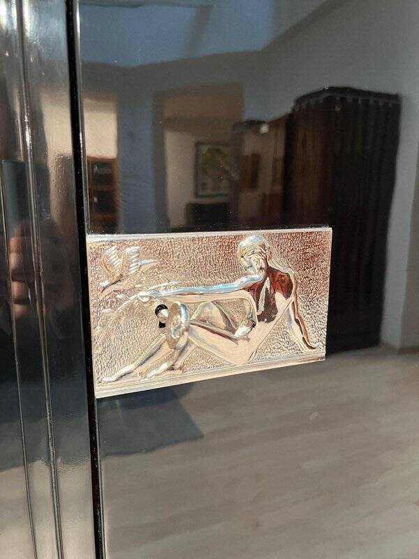 Armoire Art Déco en laque noire, acajou, chrome, France, années 1930