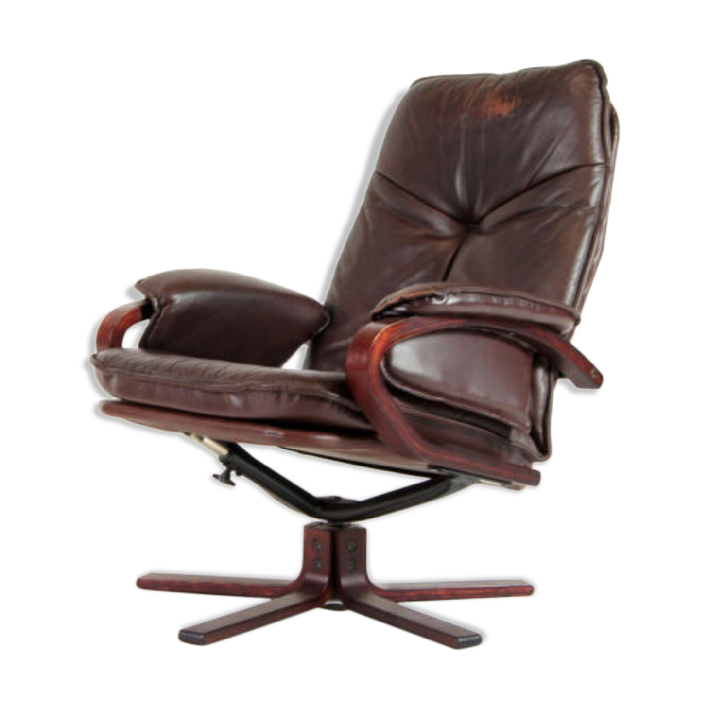 Vintage swivel lounge chair in rosewood and danish leather retro 70s design