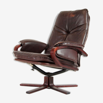 Vintage swivel lounge chair in rosewood and danish leather retro 70s design