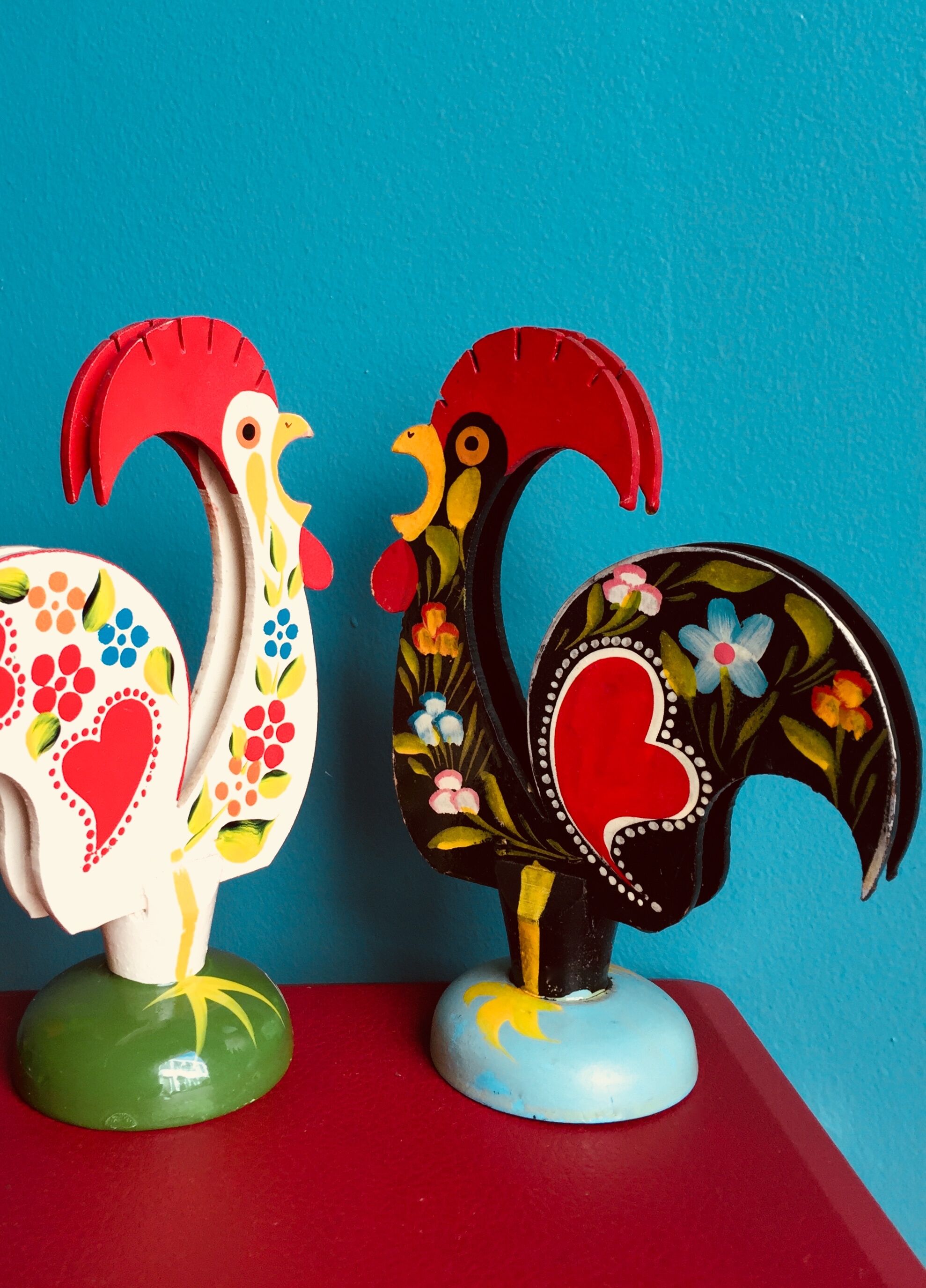 Retro wooden roosters vintage red green black and white Portugal