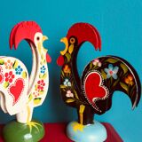 Retro wooden roosters vintage red green black and white Portugal
