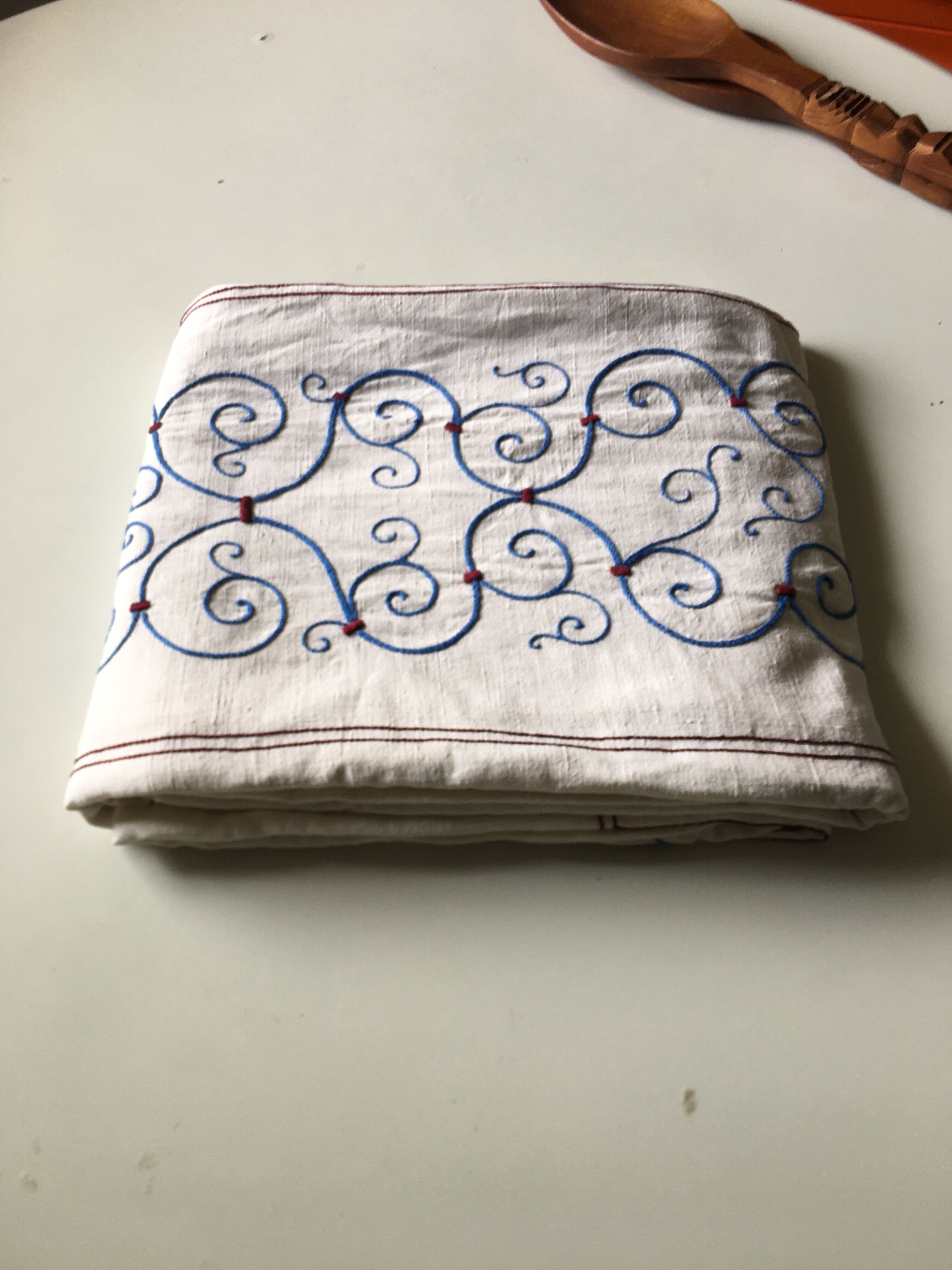 Antique embroidered linen tablecloth
