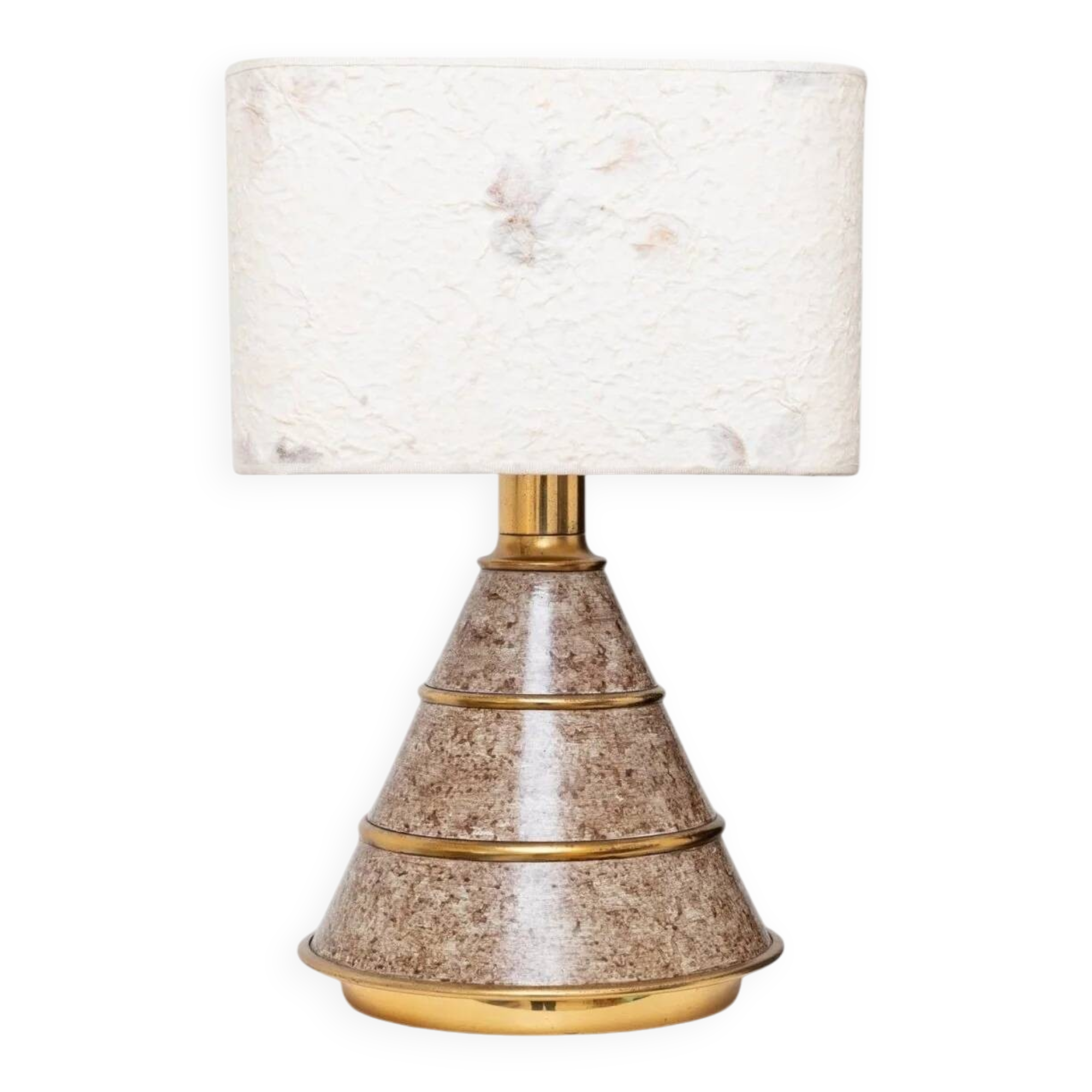 Brown ceramic mid-century table lamp with cream handmade paper floral shade and brass accents