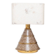 Brown ceramic mid-century table lamp with cream handmade paper floral shade and brass accents