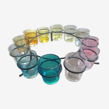 12 coloured glasses on display
