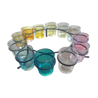 12 coloured glasses on display