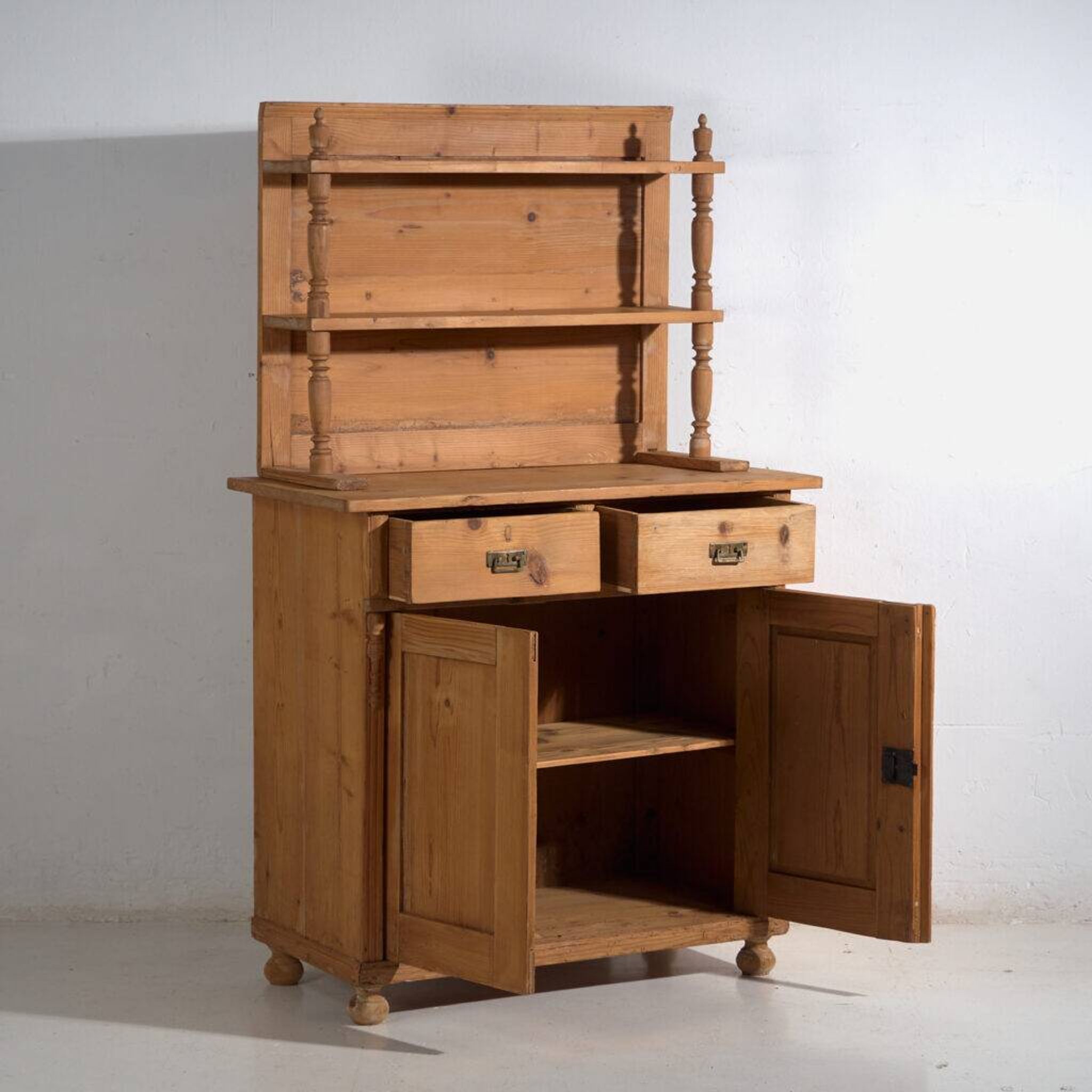 Antique pine dresser – European rustic furniture with shelves – circa 1940