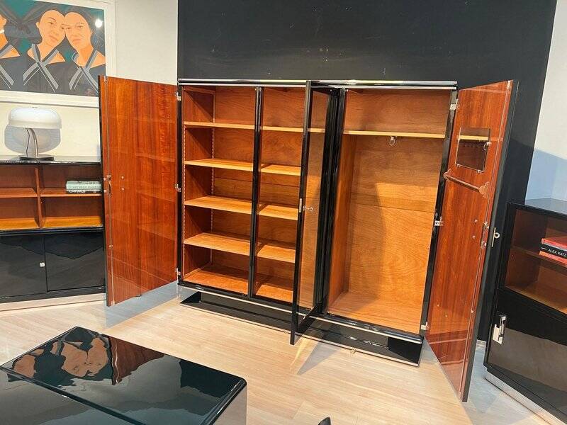 Armoire Art Déco en laque noire, acajou, chrome, France, années 1930