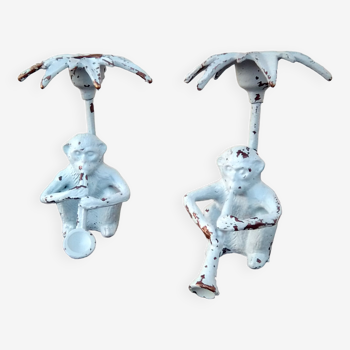 Pair of candle holders "monkey musician"
