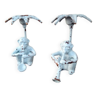 Pair of candle holders "monkey musician"