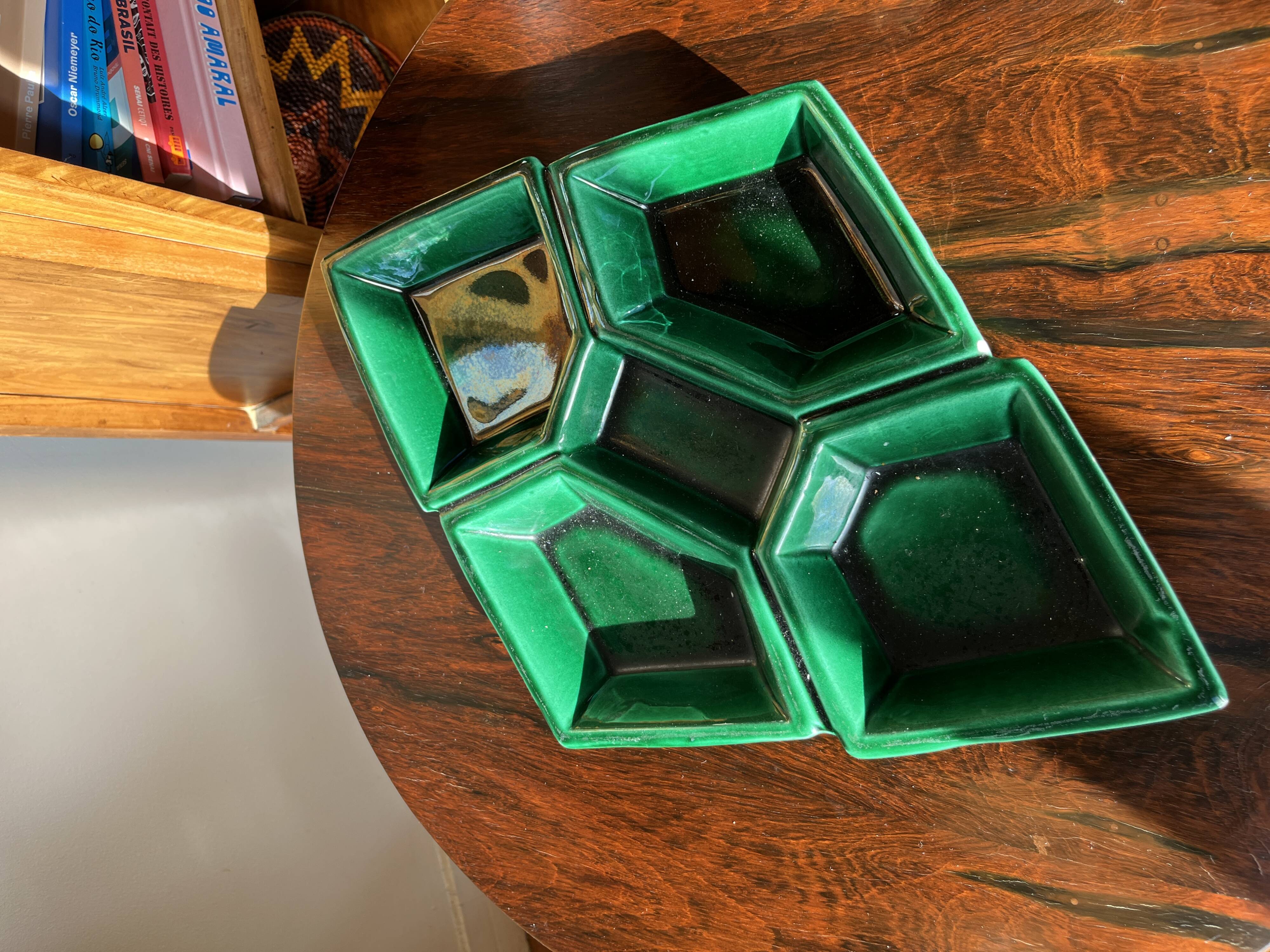 Compartmented dish VALLAURIS J-M Faux Barbotine diamond-shaped earthenware 60s