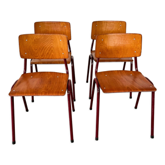 Set of 4 school chairs wood honey and red steel, Netherlands, 70s