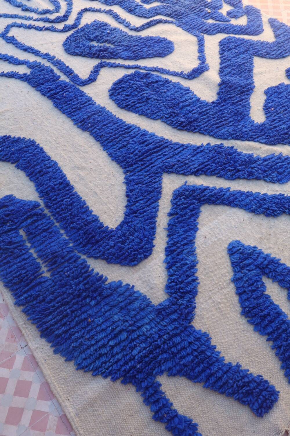 Klein blue and white Berber rug with abstract relief