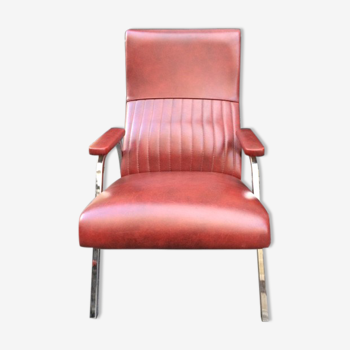 Fauteuil skaï bordeaux dossier haut 1960