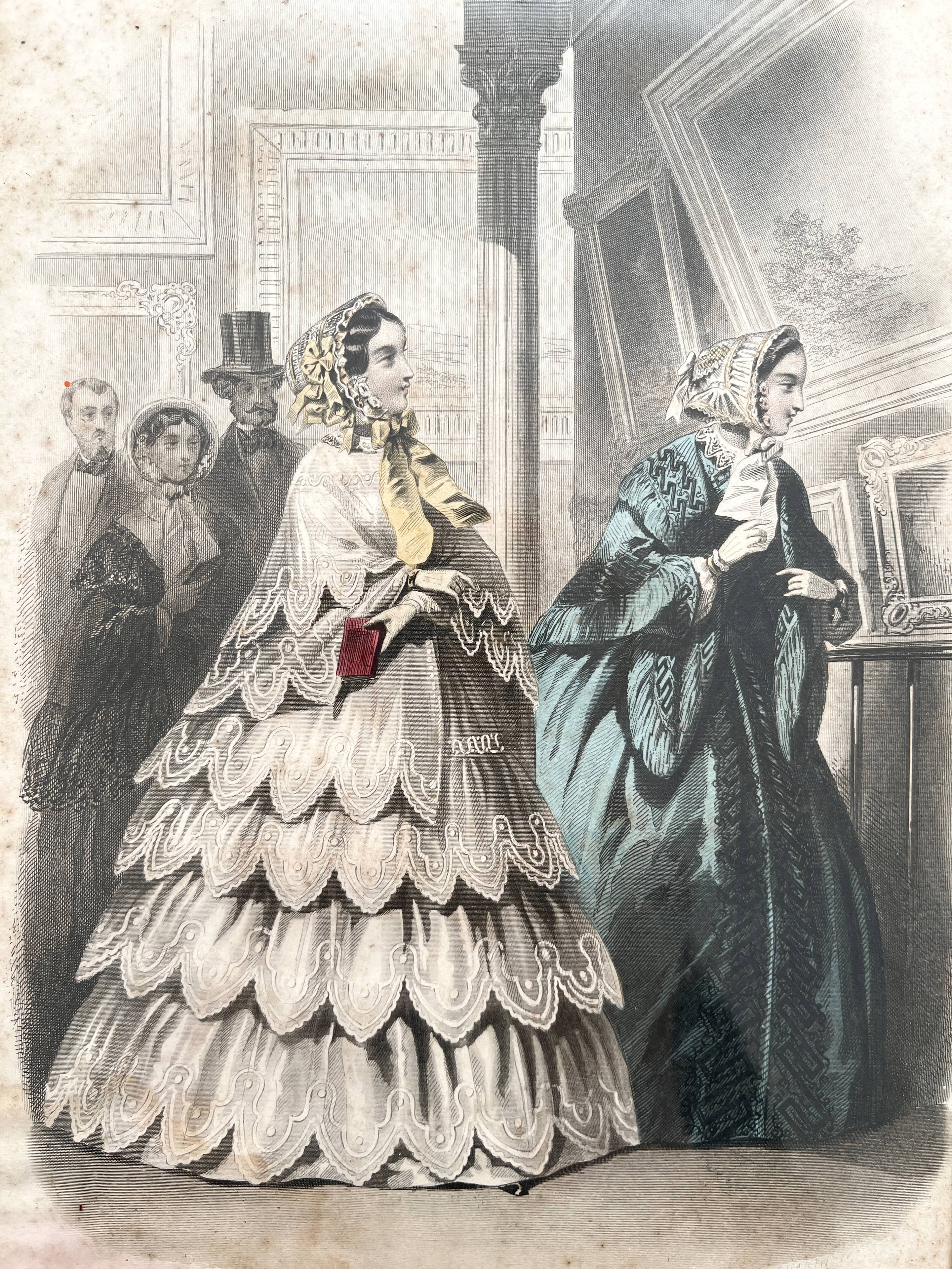 2 lithographs, antique fashion illustrations, under glass, 19th century