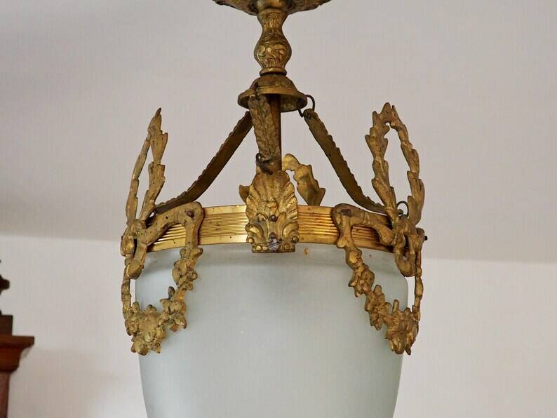 Antique French Louis XVI Style Glass and Bronze Pendant Lamp c. 1900