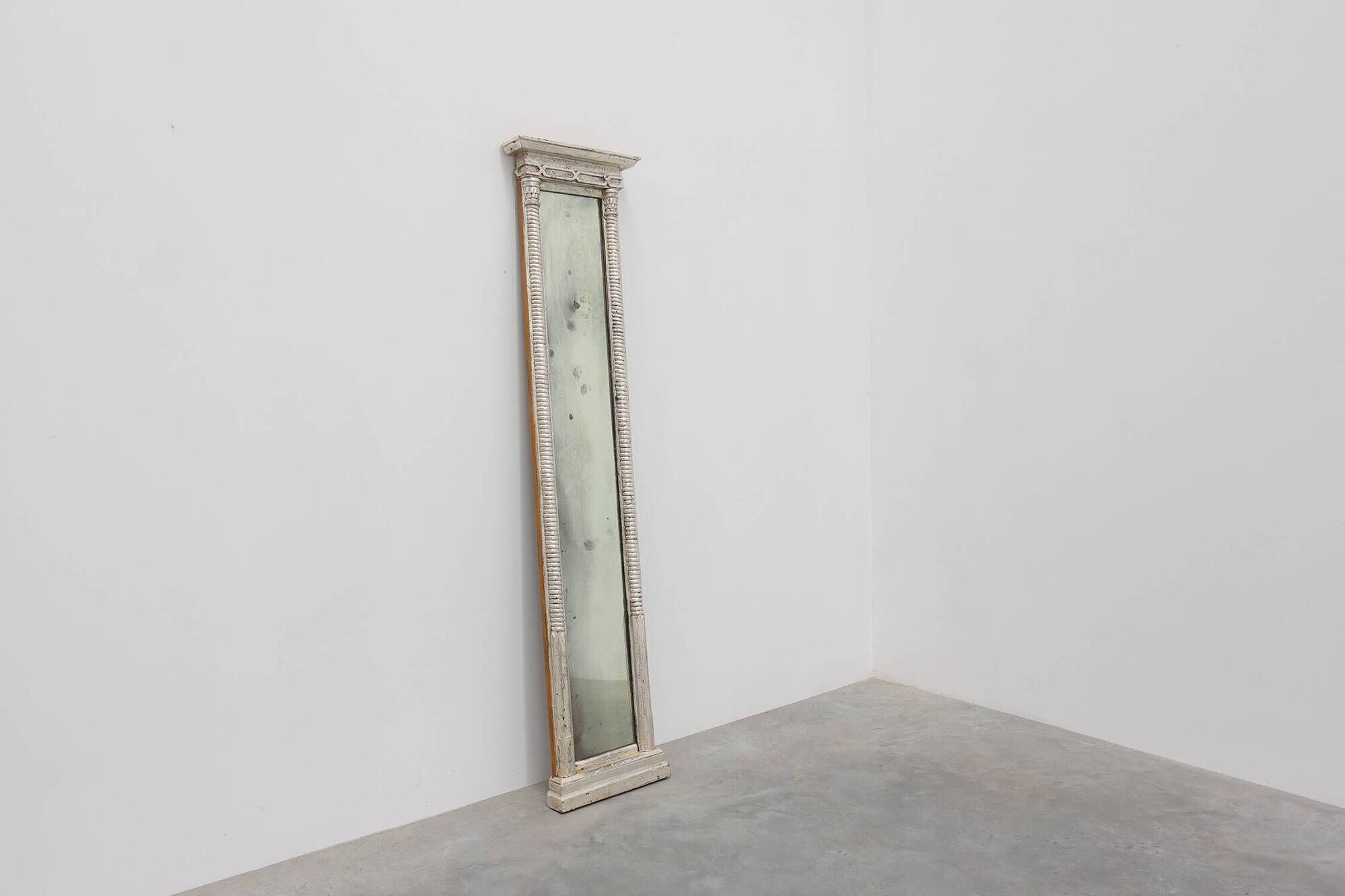 Neoclassical Silver Leaf Pier Mirror with Ringed Columns and Cornice, Italy