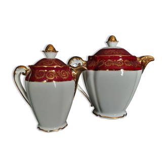 Teapot pourers cream pot porcelain Limoges SJ Limoges burgundy and gold