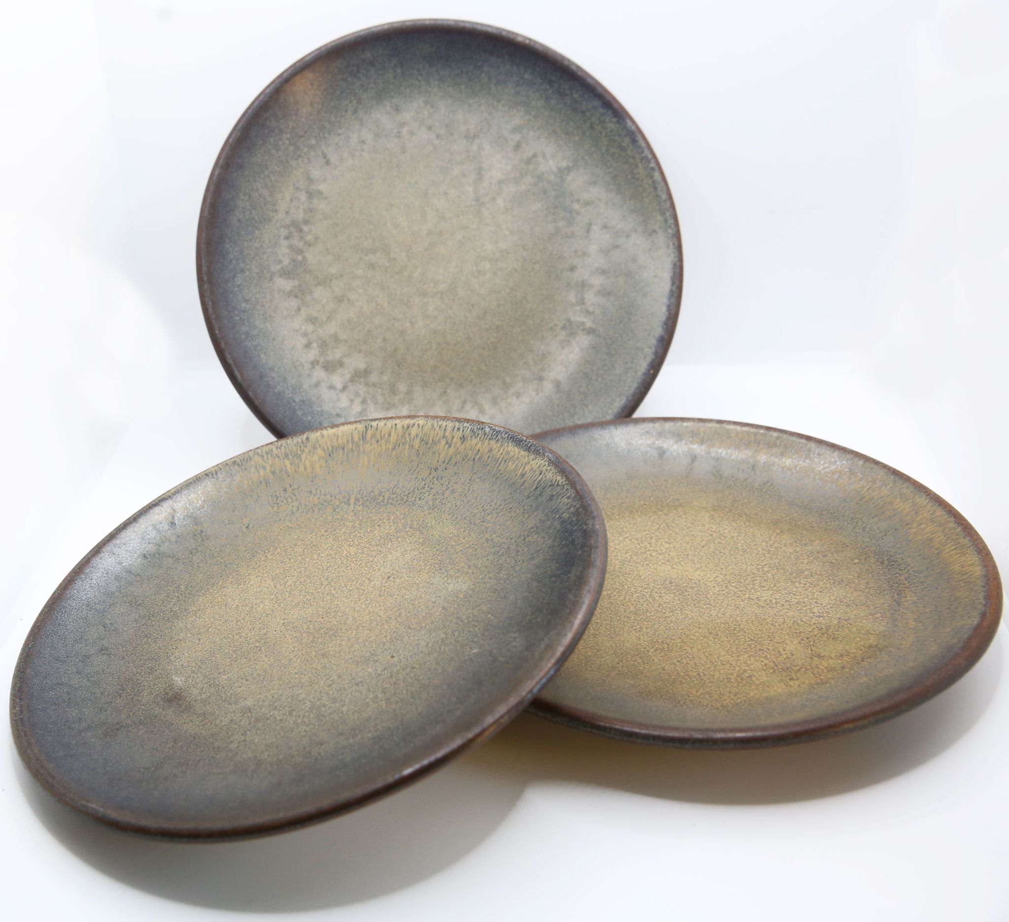 Set of 3 bluish and ochre plates in stoneware Arts Ceram Grand Feu