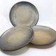 Set of 3 bluish and ochre plates in stoneware Arts Ceram Grand Feu