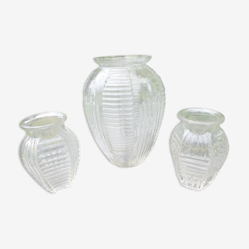 Set of three vases in molded glass old years 50/60 made in france