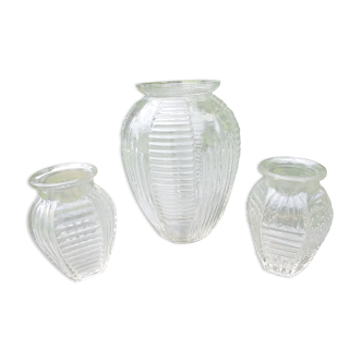 Set of three vases in molded glass old years 50/60 made in france