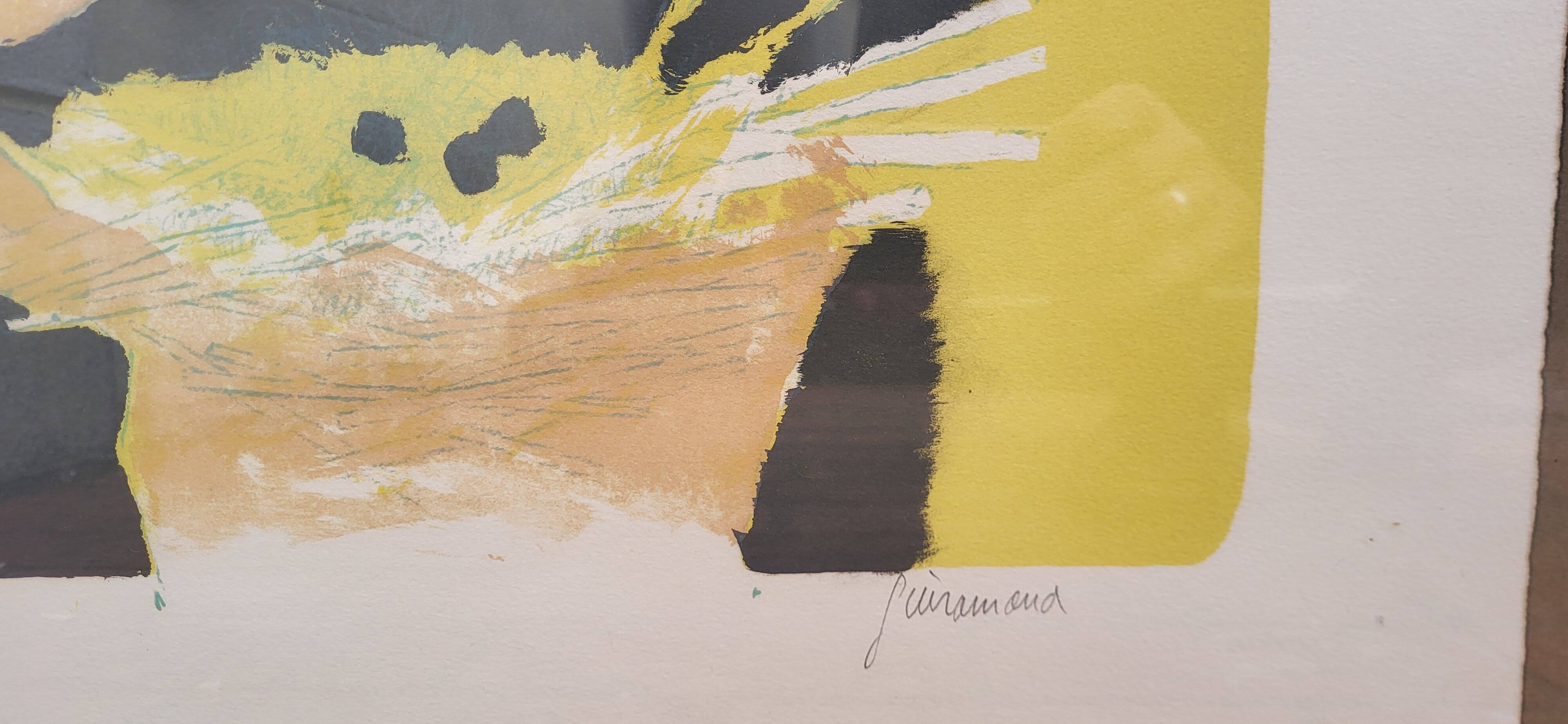 Lithographie Paul Guiramand (1926 - 2007) Oiseaux autours du nid.