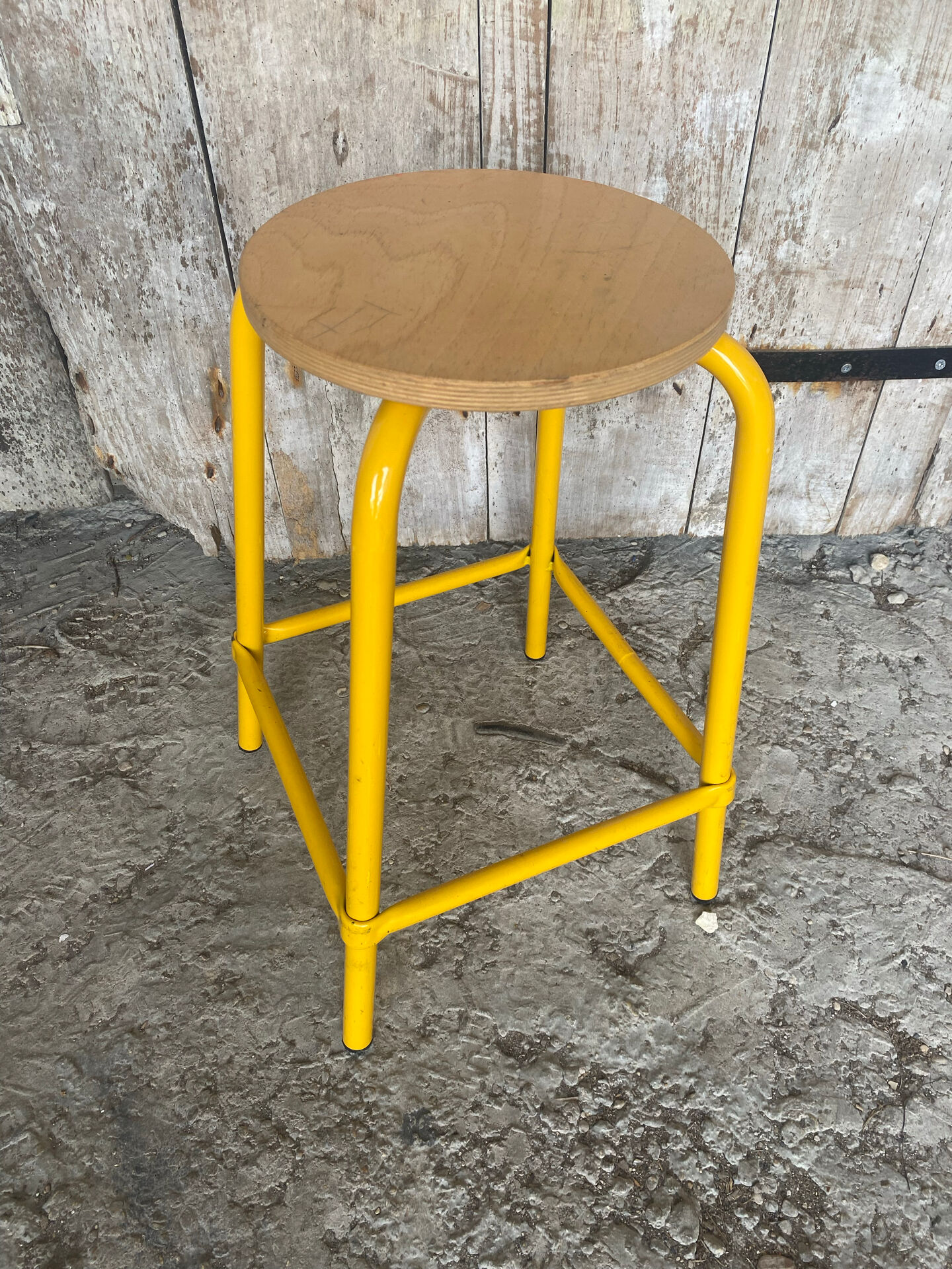 Vintage Industrial Stool DPC Yellow Metal Tube + Wooden Seat
