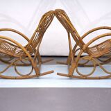 Franco Albini style, pair of rattan and bamboo rocking chairs. Italy 1950s