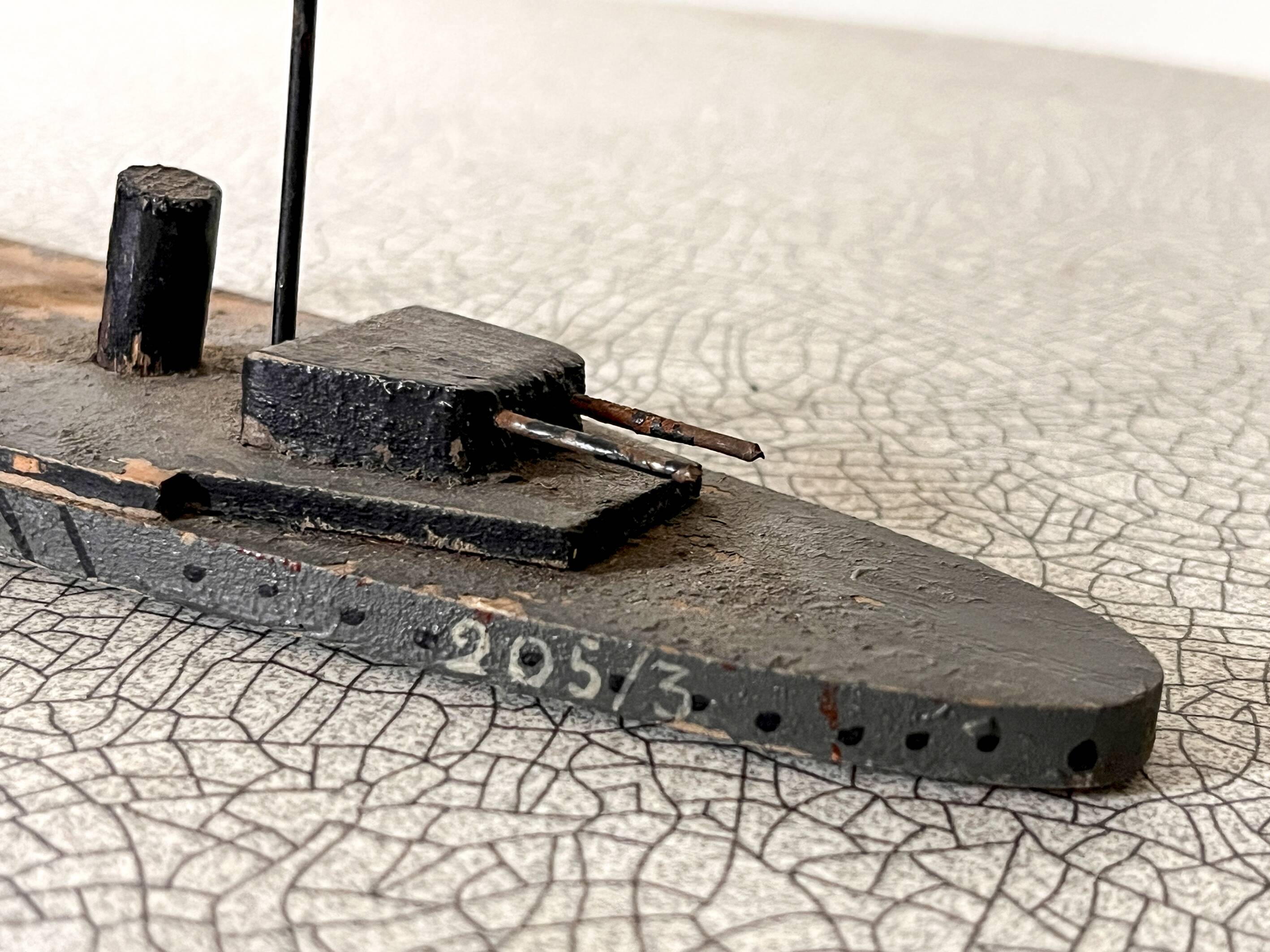 Wooden destroyer boat, antique toy from the early century.