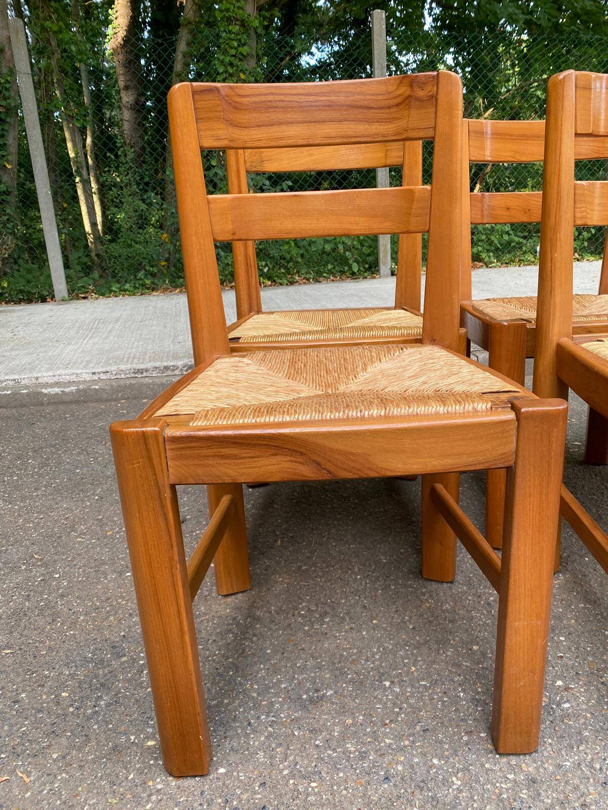 6 chaises brutalistes Maison Regain orme massif paillées années 80