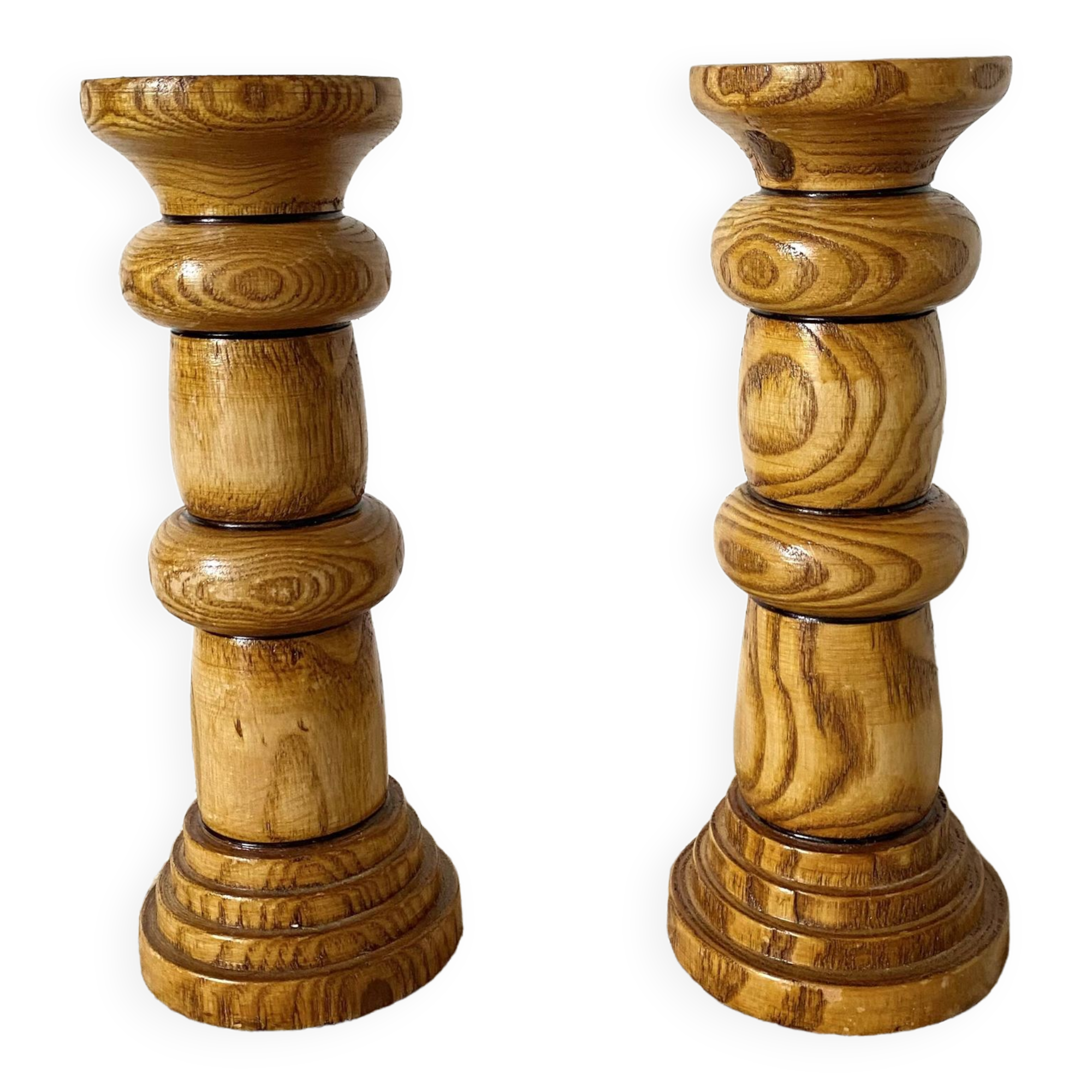 Pair of turned wooden candlesticks