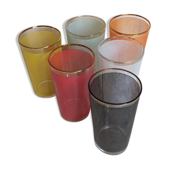 Six verres "résille" multicolores années 50
