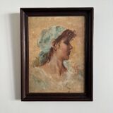 Huile sur isorel, portrait de jeune fille au foulard bleu monogramme MP